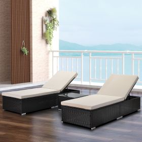 Outdoor Garden 3 Piece Wicker Patio Chaise Lounge Set Adjustable PE Rattan Reclining Chairs with Cushions and Side Table.