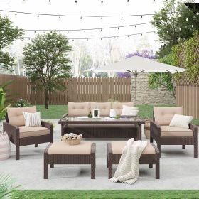 6-Piece Outdoor Patio PE Wicker Rattan Sofa Set Dining Table Set with Removable Cushions and Tempered Glass Tea Table for Backyard;  Poolside;  Deck (Color: Light Coffee)