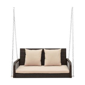 2-Person Outdoor Wicker Porch Swing with Seat and Back Cushions (Color: Beige)