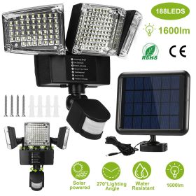 Solar Lights Outdoor 188 LEDs 1600lm Solar Security Lights Motion Sensor Lights 270Â¬âˆžLighting Angle Waterproof (Color: Black)